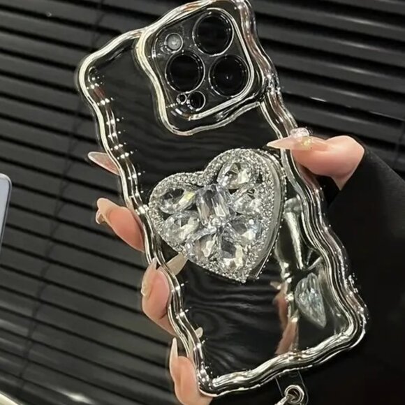 iPhone Plus Pro Max 14 13 12 11 Case- Silvery Mirror Rhinestone Stand Design - Picture 5 of 5